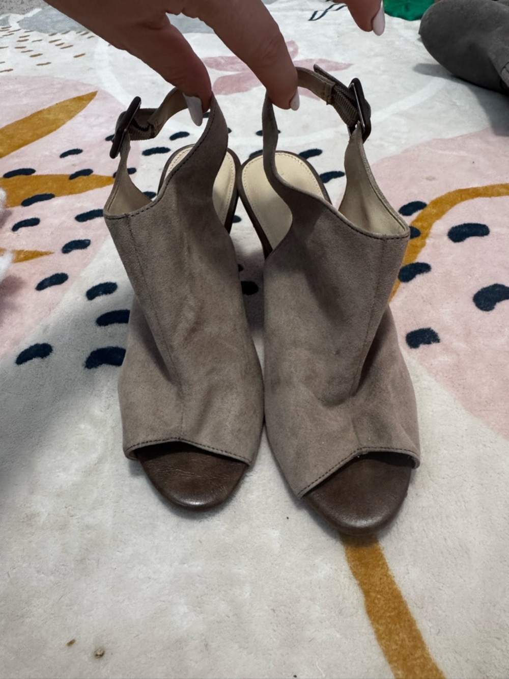 Kelly & Katie Taupe Suede Peep-Toe Slingback Heels